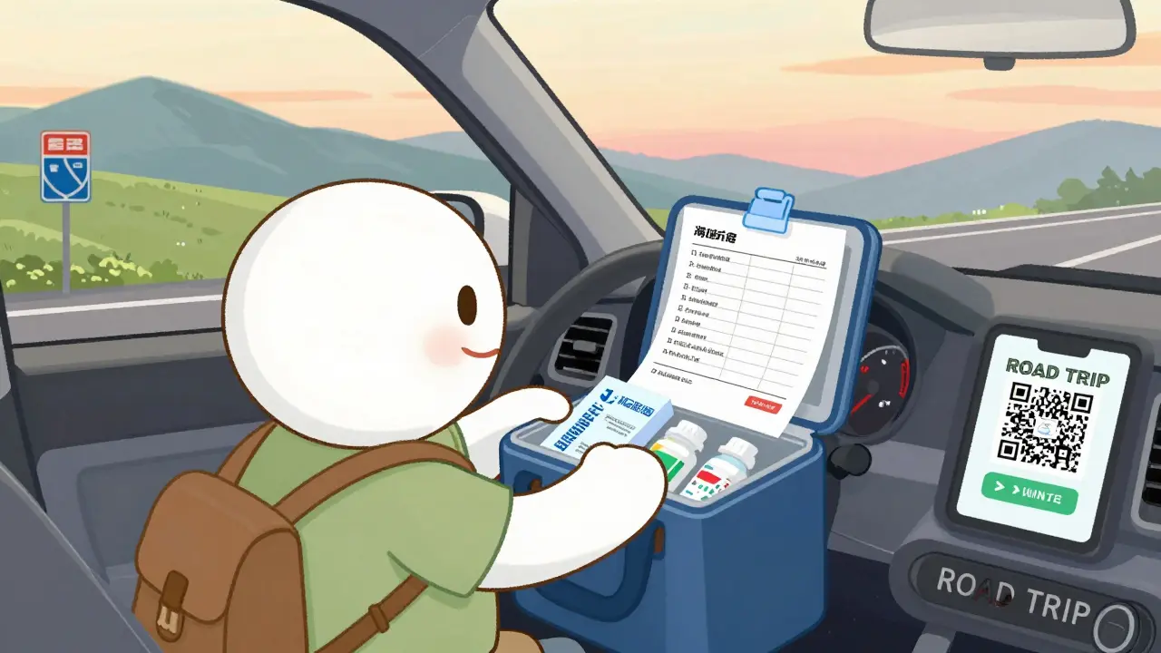 Traveler checking insulin in a cooling case beside a car, with medication list visible on dashboard.