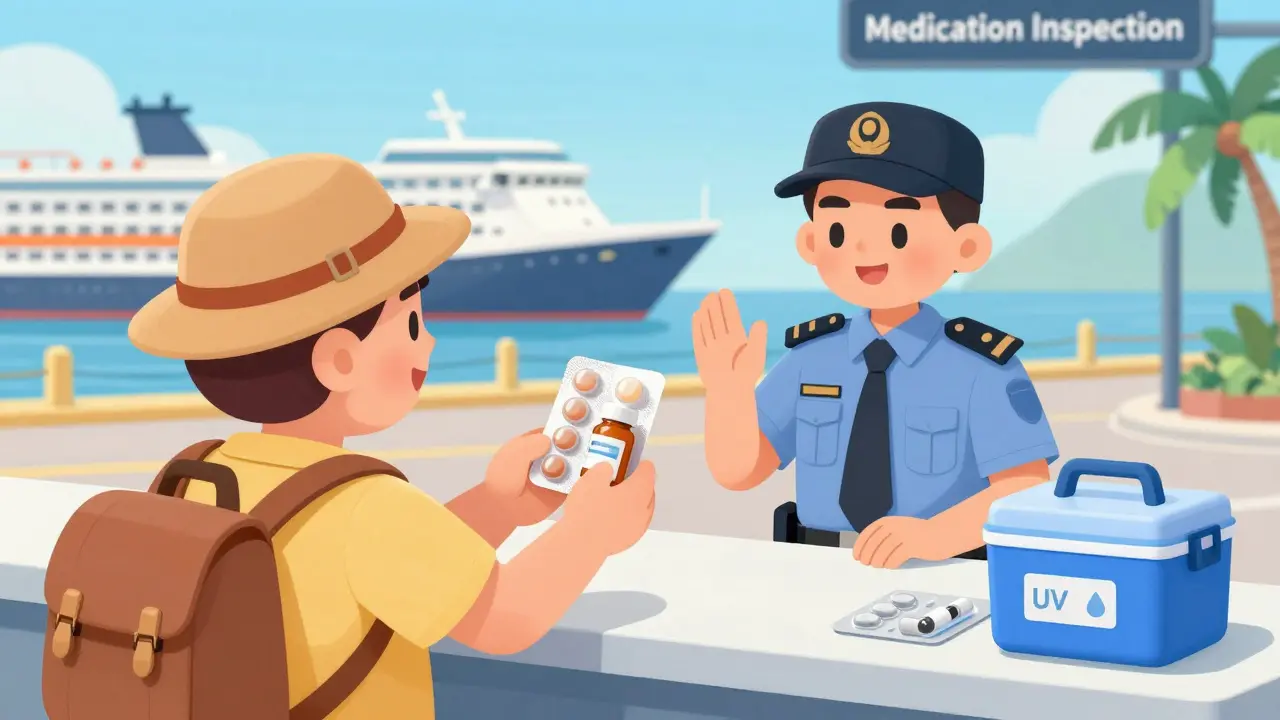 Traveler presenting labeled medication bottles to a customs officer at a cruise port checkpoint.