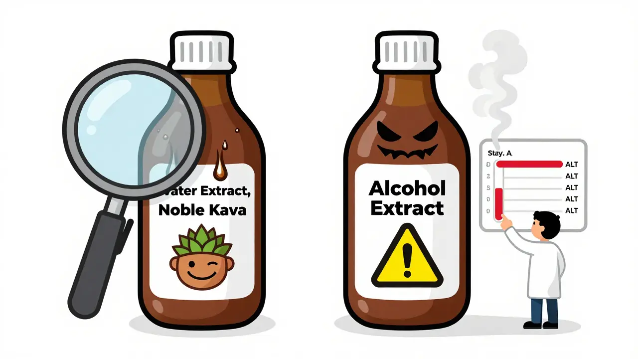 Two kava bottles compared: one safe with water extract, another dangerous with alcohol extract.