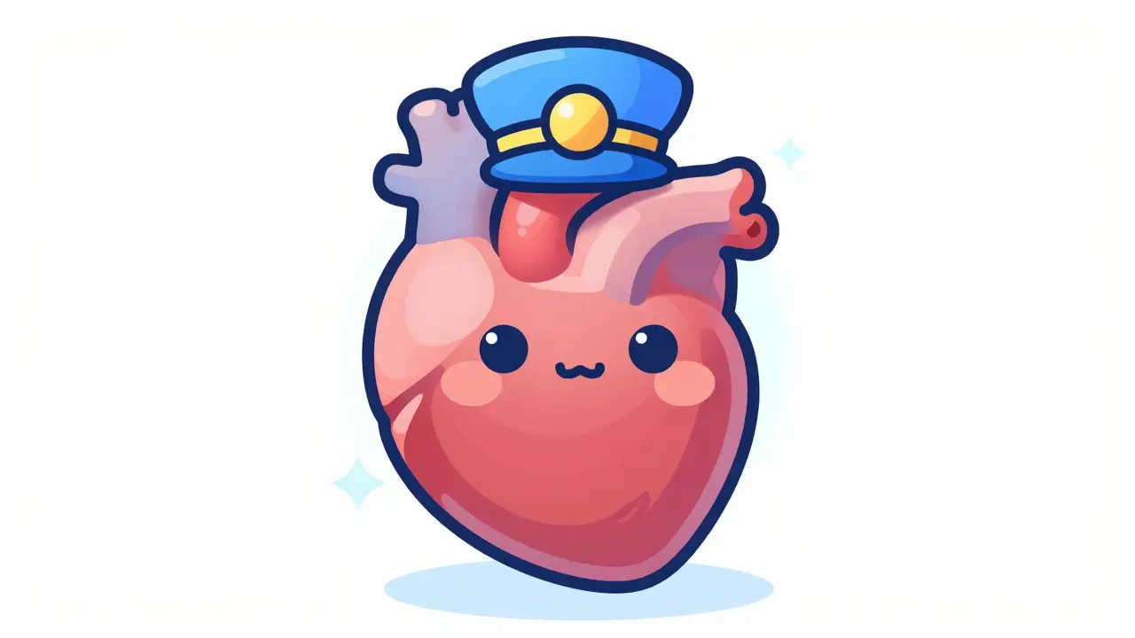 A cute, stylized heart wearing a governor's hat to represent blood pressure control.