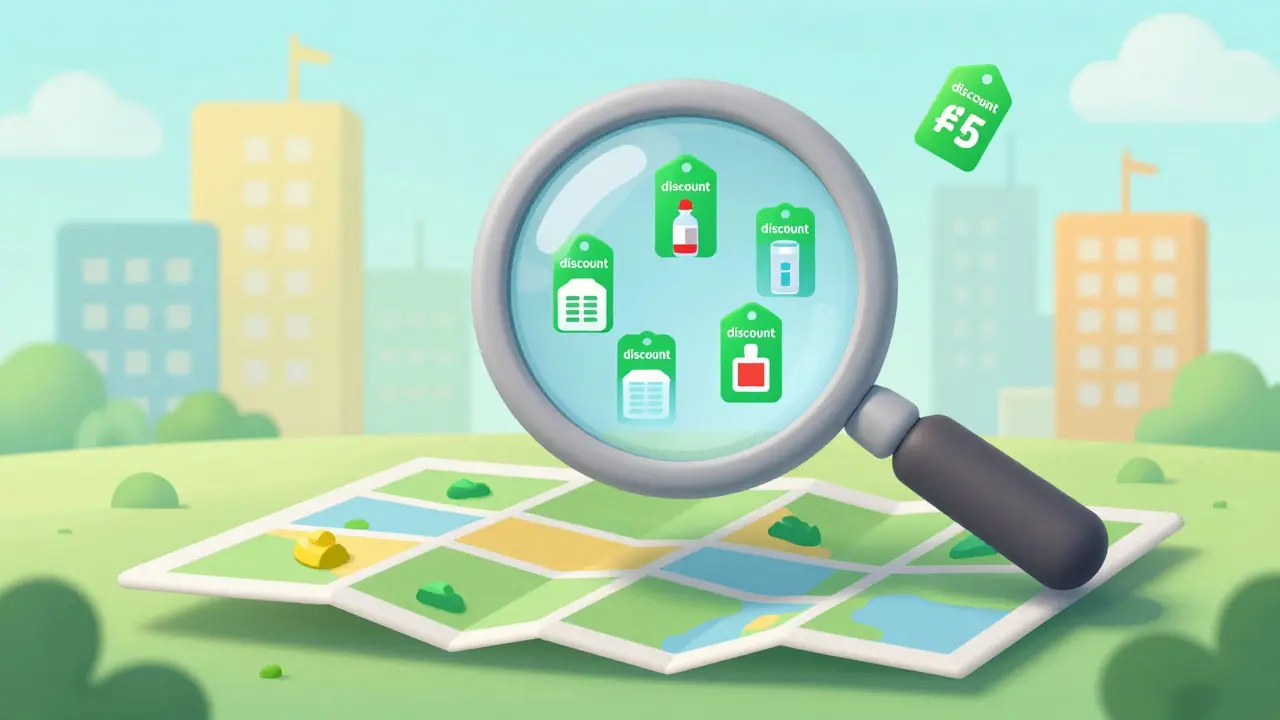 A magnifying glass highlighting discounted pharmacy prices over a stylized city map.