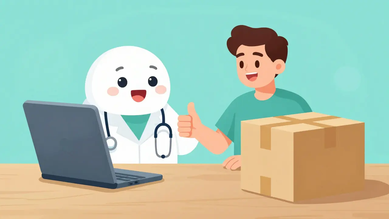 A man having a telehealth consultation with a doctor and a discreet delivery package.