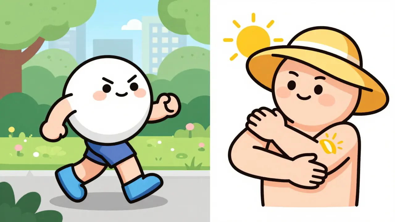 A rounded character walking in a park and applying sunscreen for UV protection.