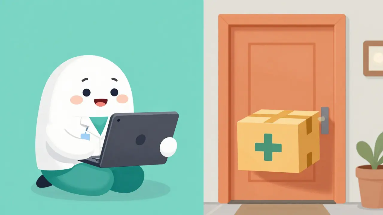 A split scene showing a telemedicine video call and a medical package delivery.