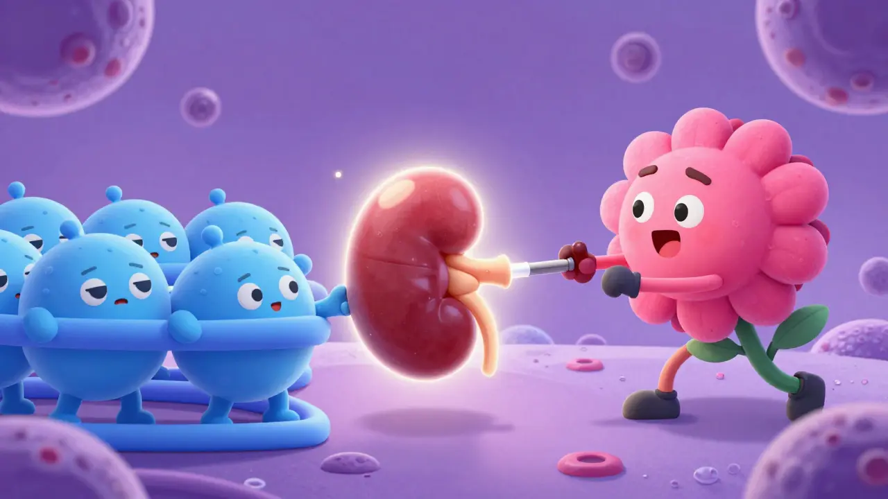 Cartoon metaphor of a tug-of-war between immune-stimulating herbs and suppressing drugs.