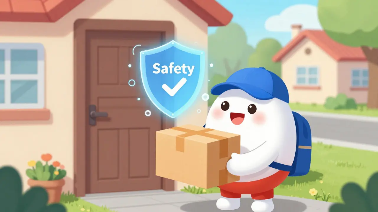 Character receiving a secure home delivery of prescription medication.