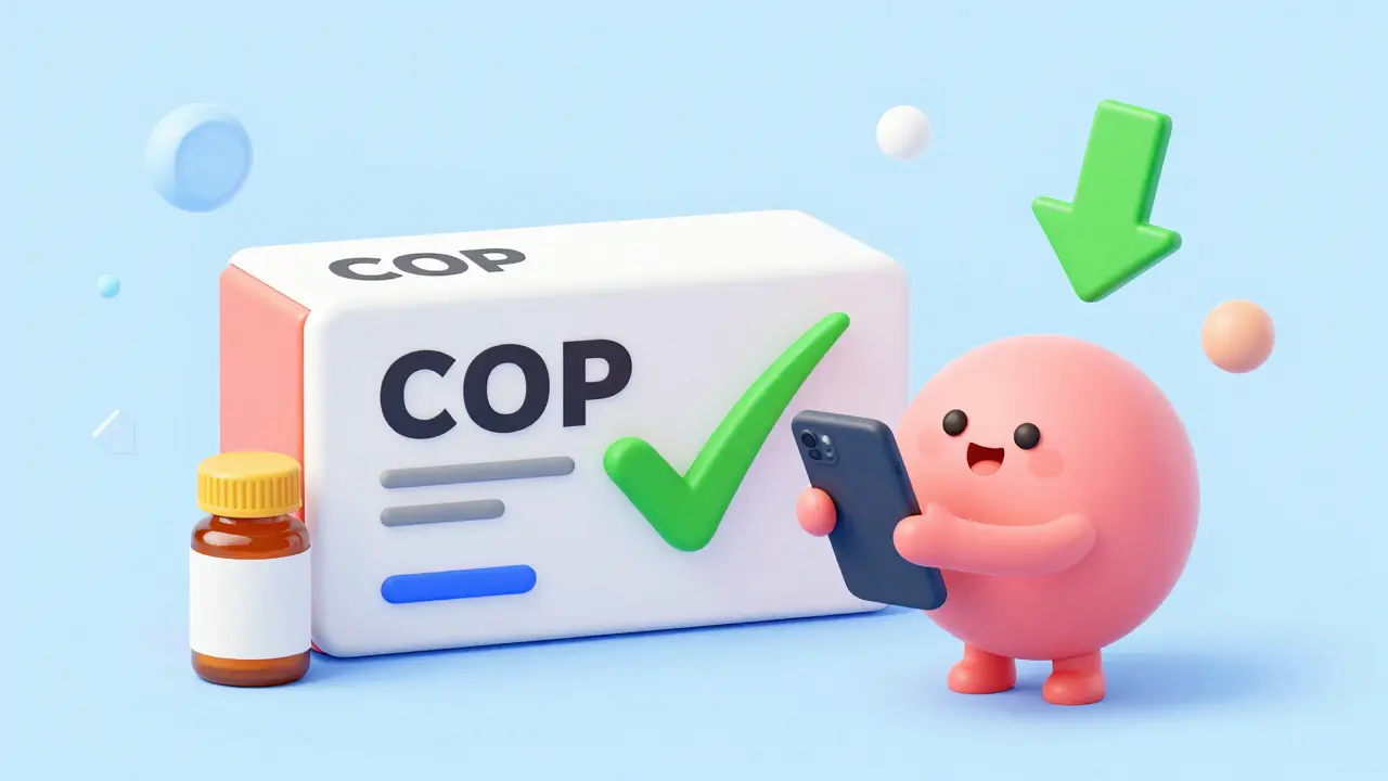 Character using a phone to get a discount on generic medication.