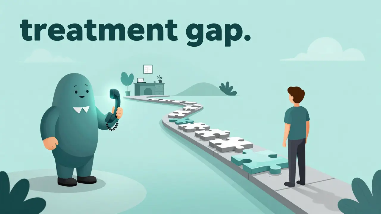 Illustration of a person on a fragmented bridge moving from a crisis counselor toward a therapy office.