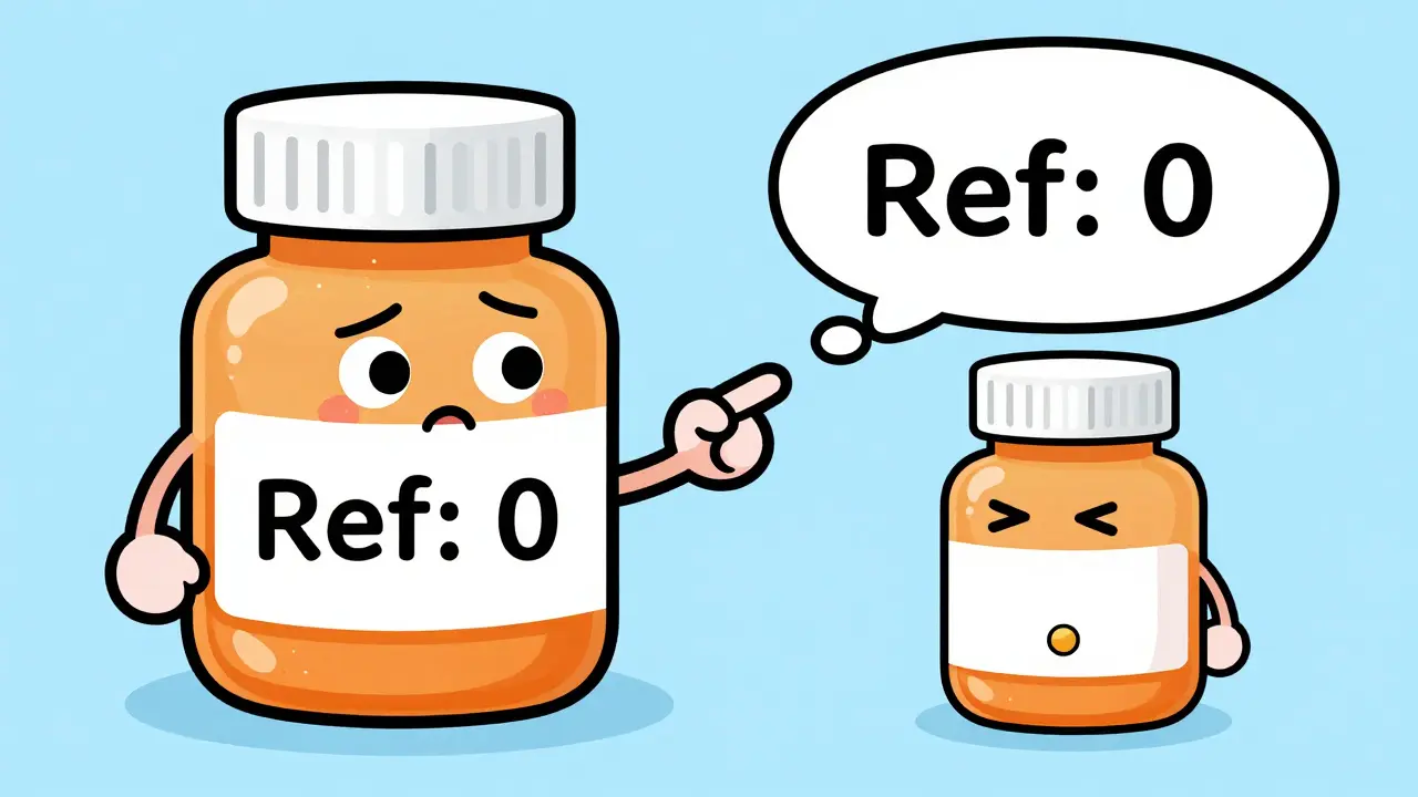 Illustration showing a character confused by a zero refill count on a medication bottle