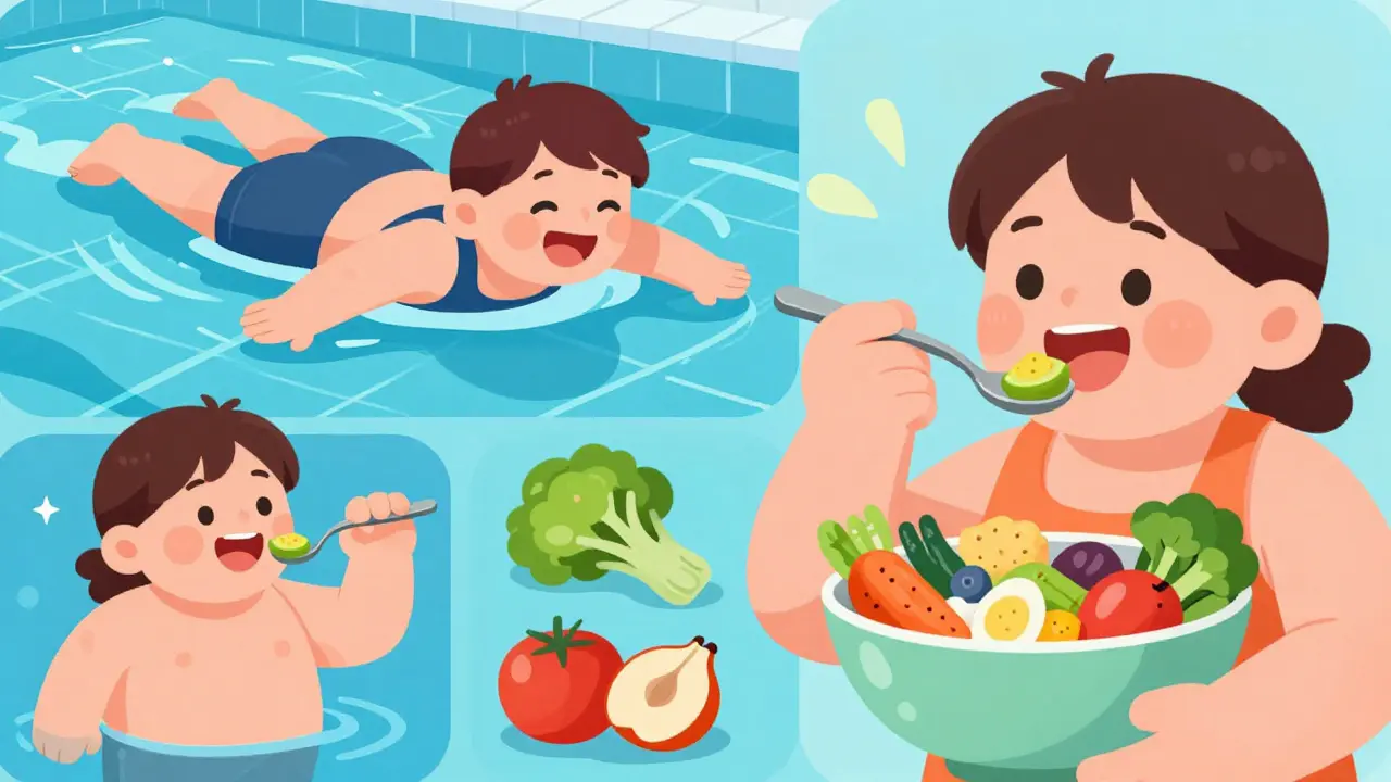 Person swimming and eating healthy vegetables to protect nerve health