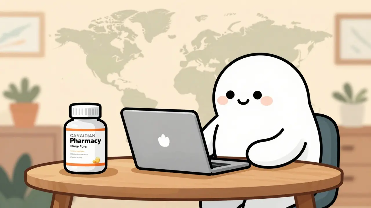 Person using a laptop to order bulk generic medication from a Canadian pharmacy