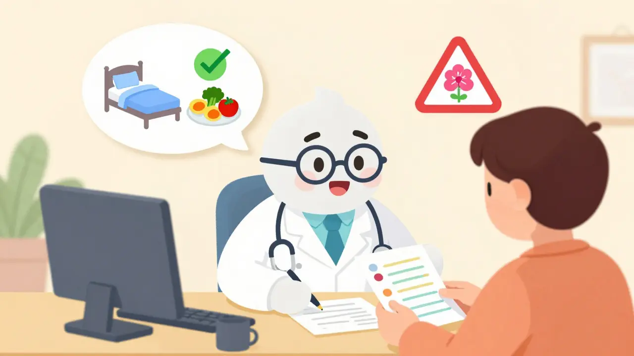 Rounded character illustration of a patient discussing supplements with their doctor.