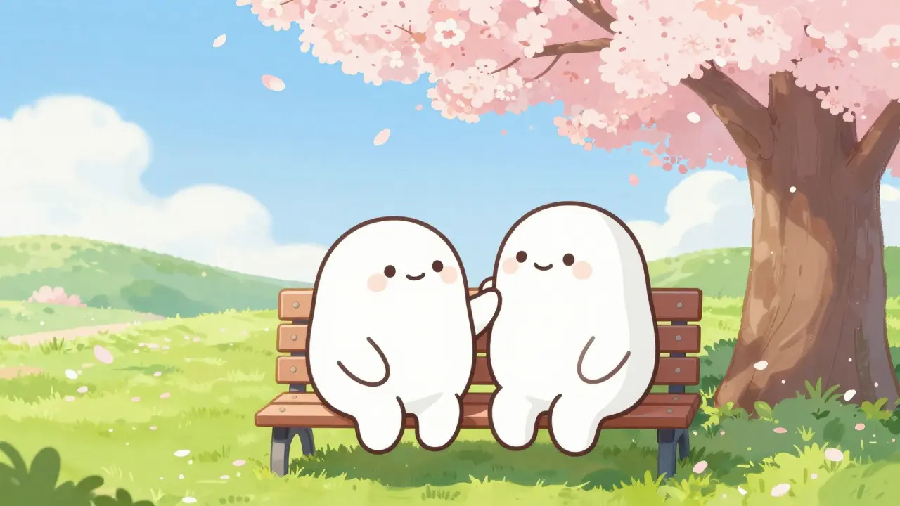 Two rounded characters sitting on a park bench together in a bright, supportive environment.