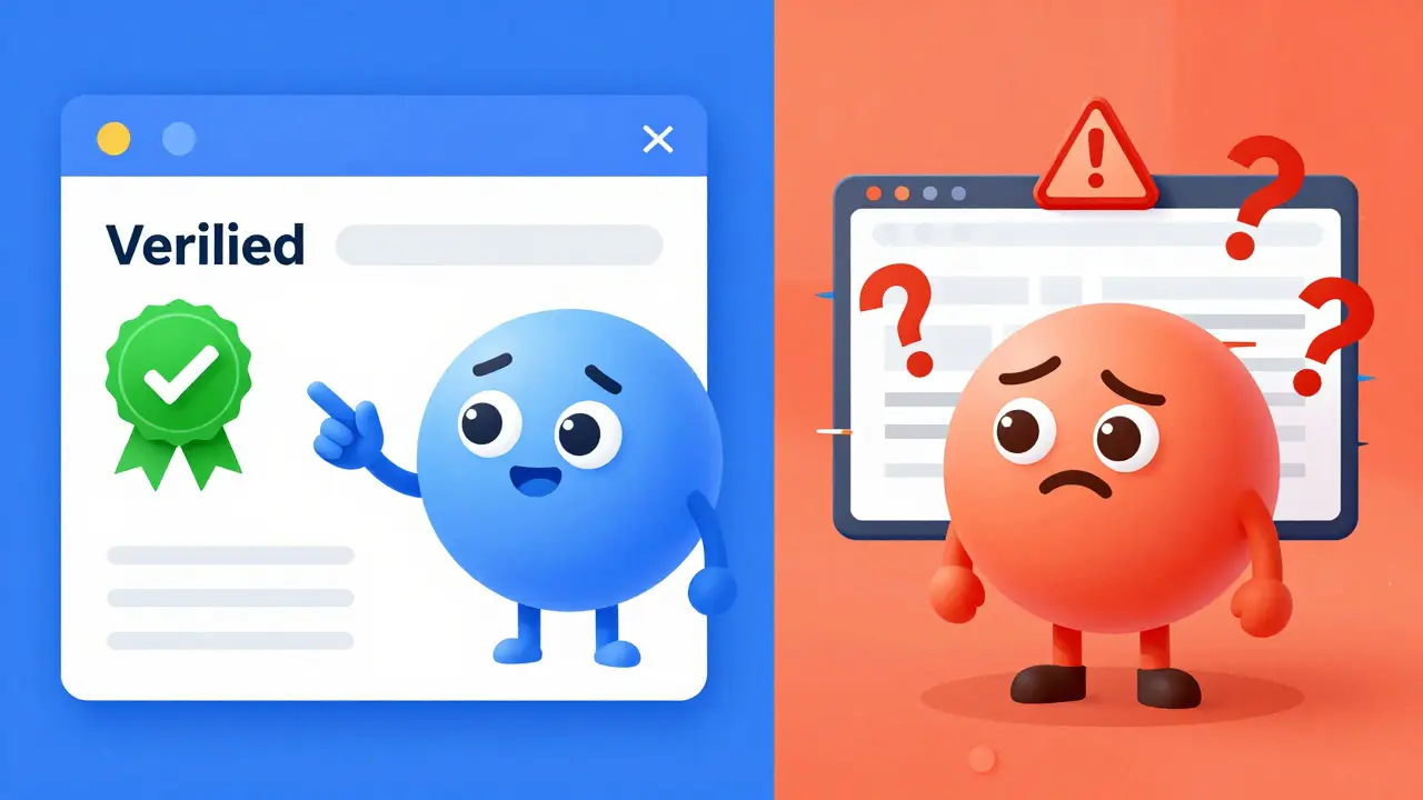 Cartoon comparison of safe verified pharmacy vs risky site