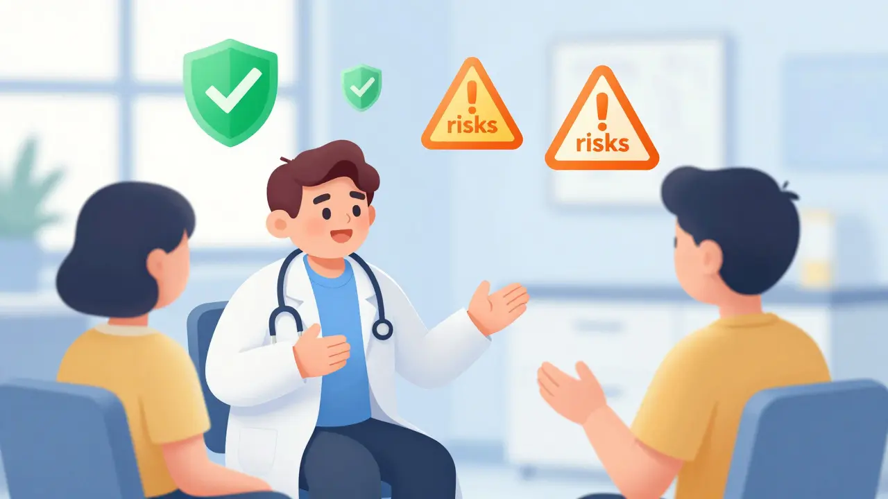 Cartoon doctor and patient discussing medication risks and benefits in an office.