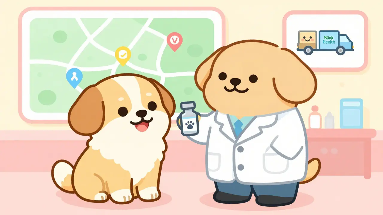 Cartoon vet giving specialized medicine to a cute rounded dog
