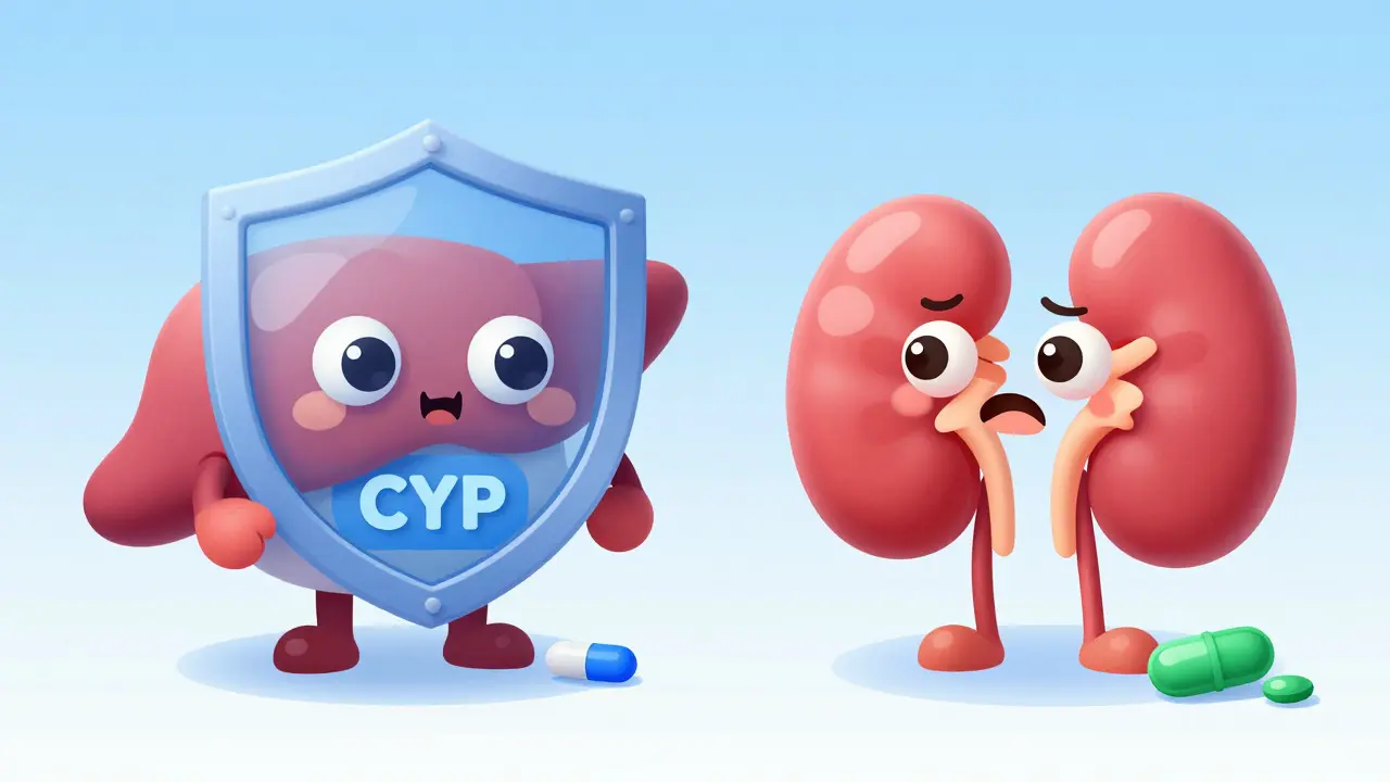 Cute liver and kidney characters illustrating drug metabolism blockages.
