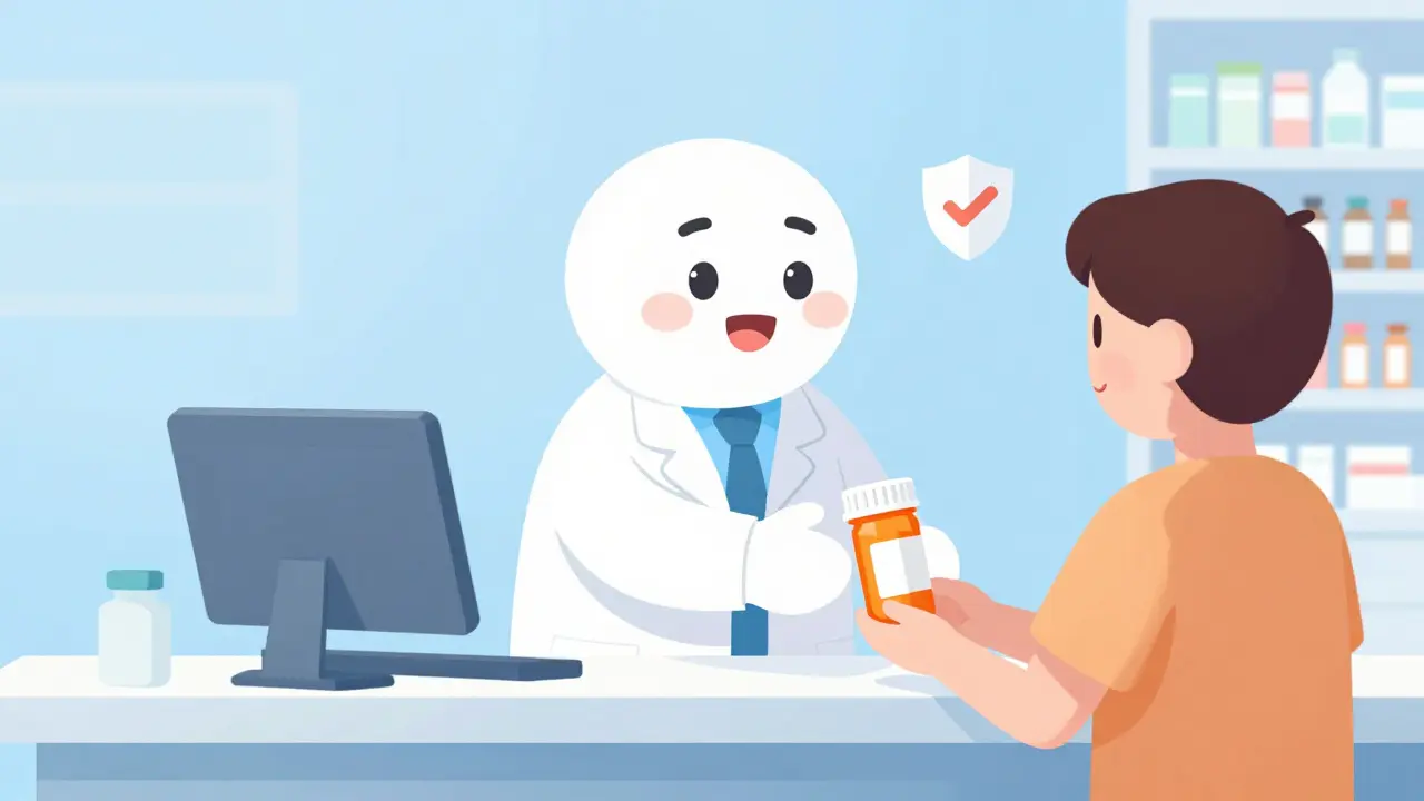 Friendly cartoon pharmacist handing a prescription bottle to a customer