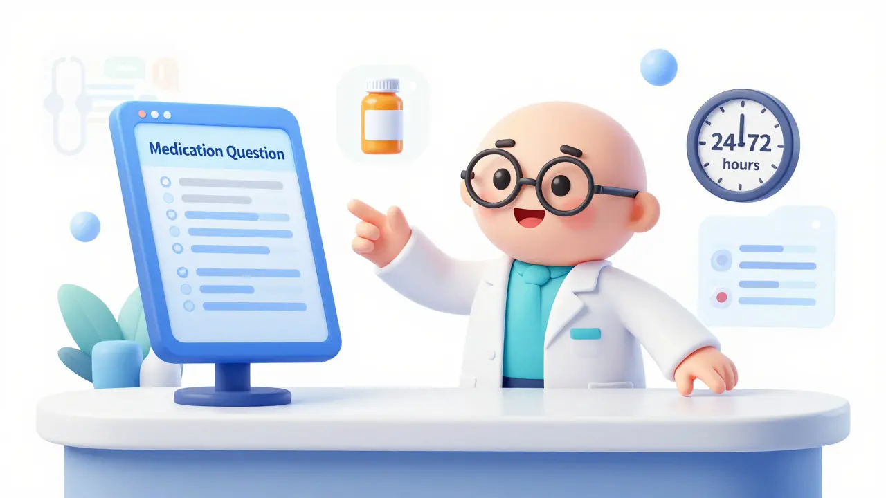Friendly pharmacist cartoon guiding patient through secure medication inquiry.
