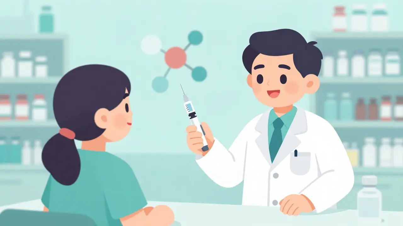Friendly pharmacist giving biosimilar injection to happy patient