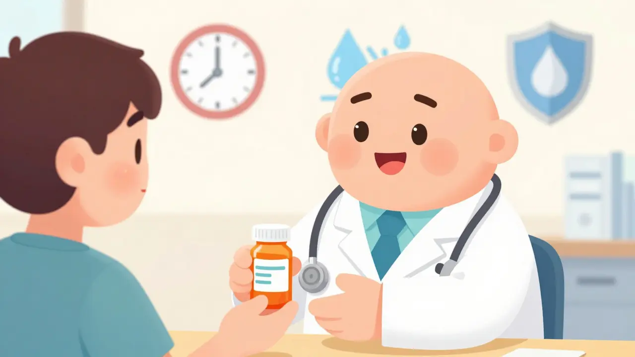 Friendly pharmacist handing medicine to patient with safety icons