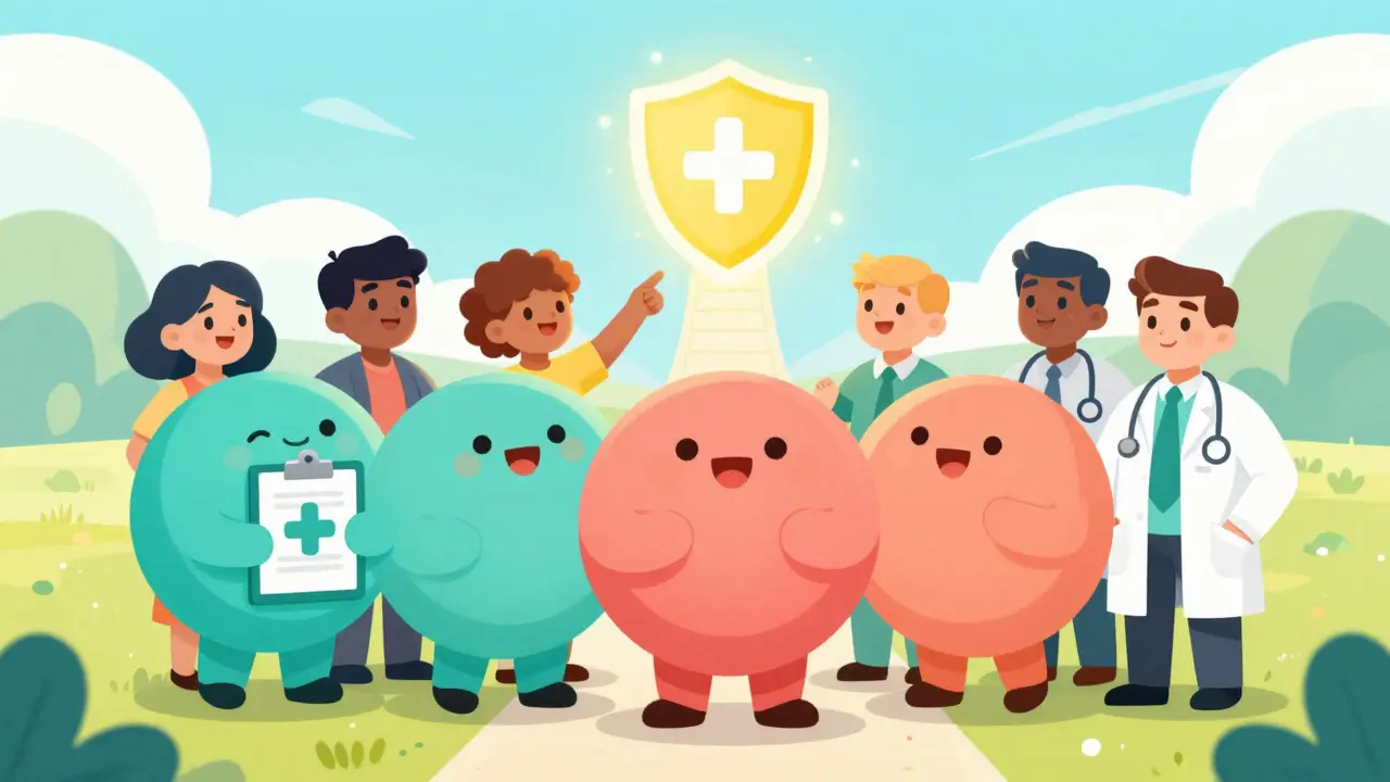 Group of rounded cartoon characters standing confidently with safety icons.