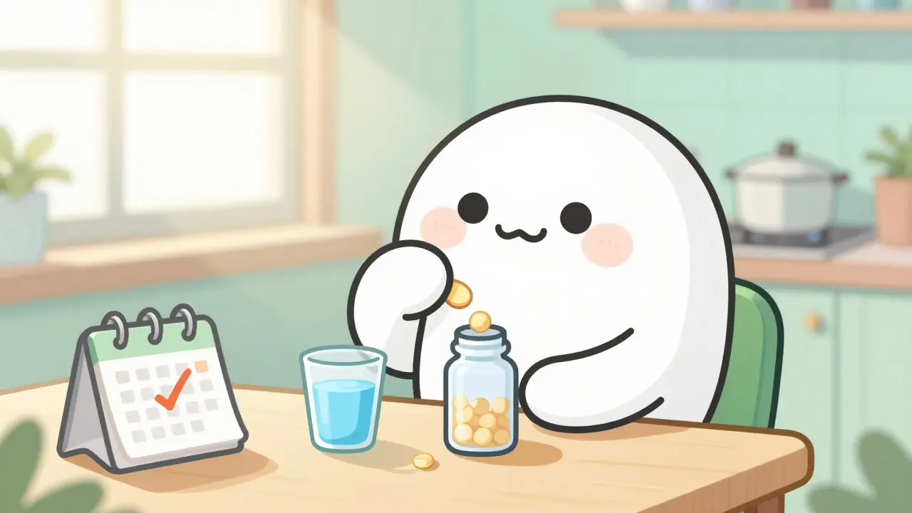 Happy cartoon character taking medication with water at a sunlit table