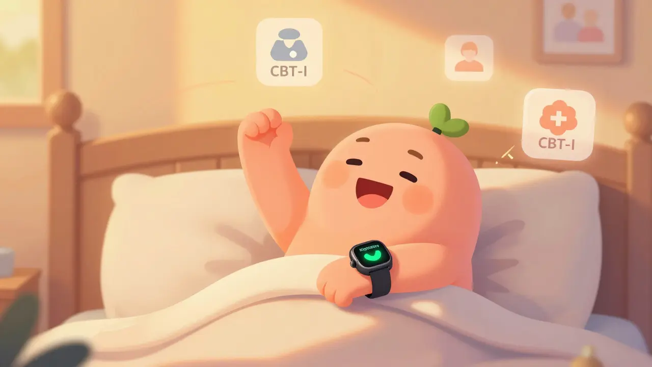 Happy cartoon person waking up using sleep tech watch