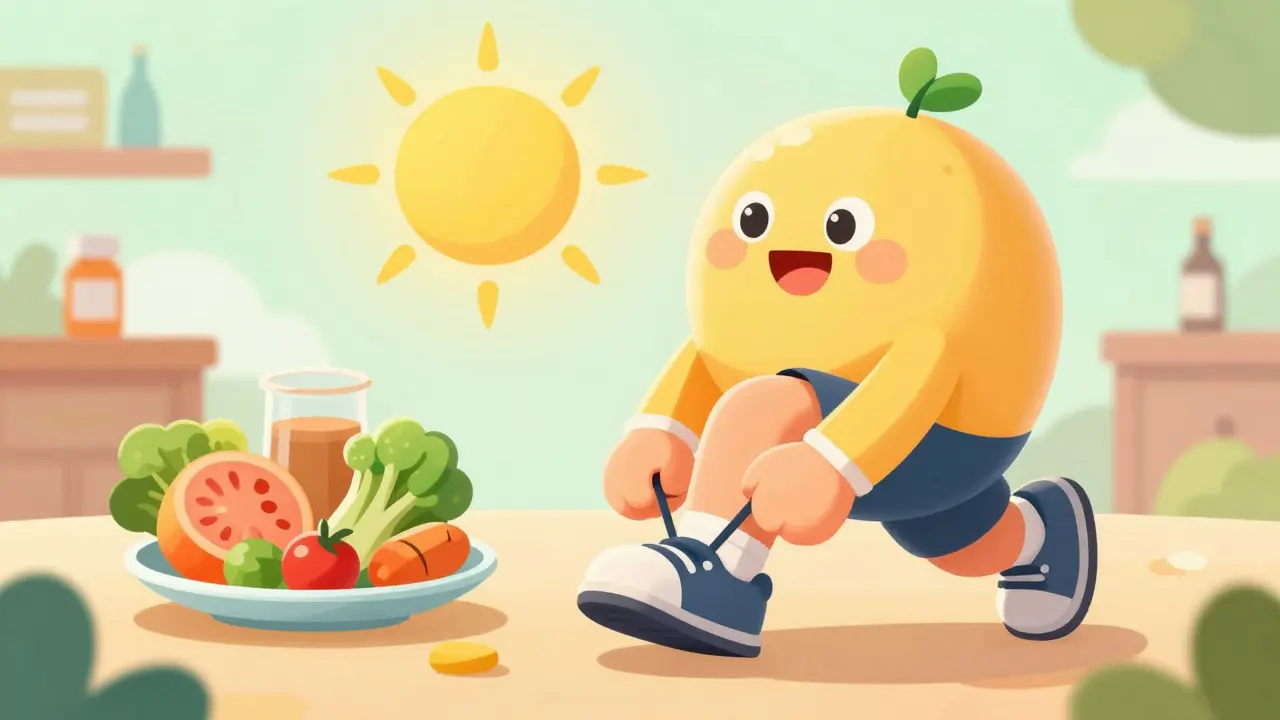 Happy person exercising and eating healthy while on meds