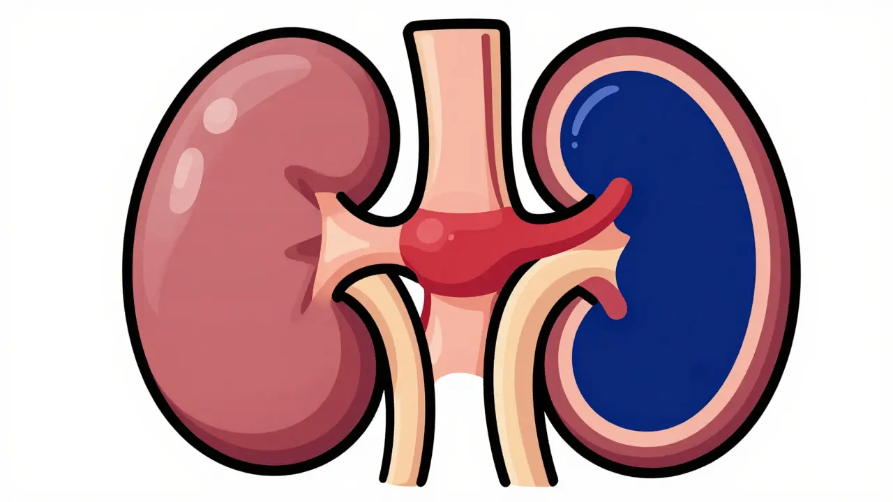 Illustrated kidney cross-section showing normal vs blocked fluid areas.