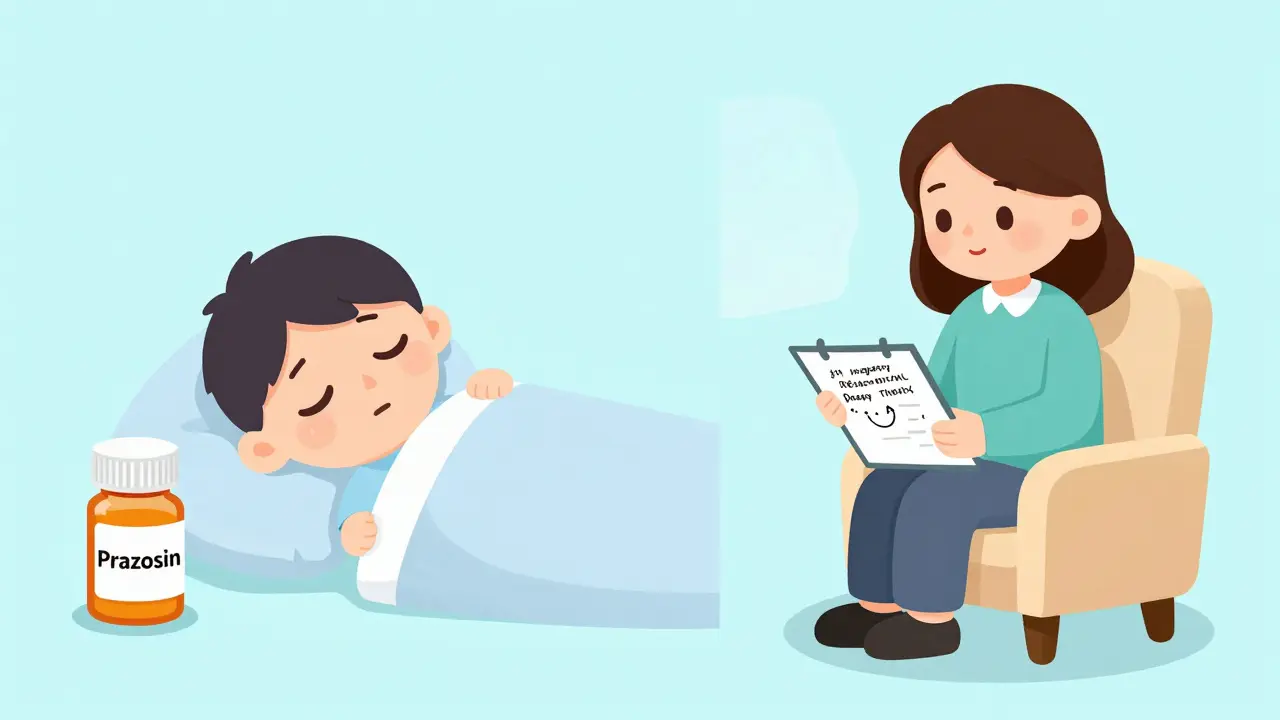 Illustration comparing Prazosin pills vs therapy sessions