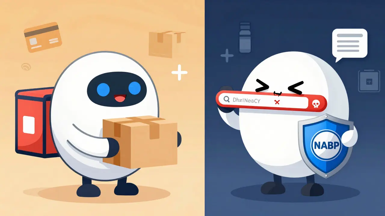 Illustration comparing safe delivery vs unsafe websites for meds
