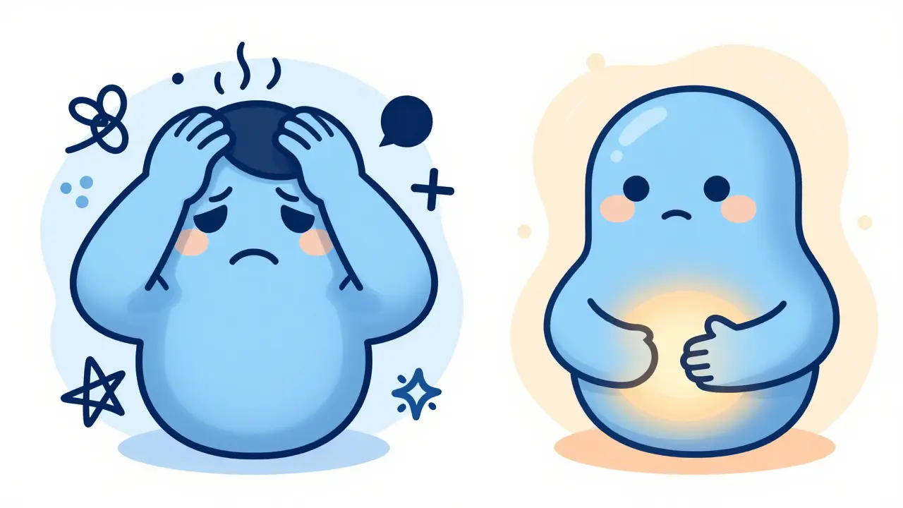 Illustration contrasting stressed emotional hunger with calm physical hunger.