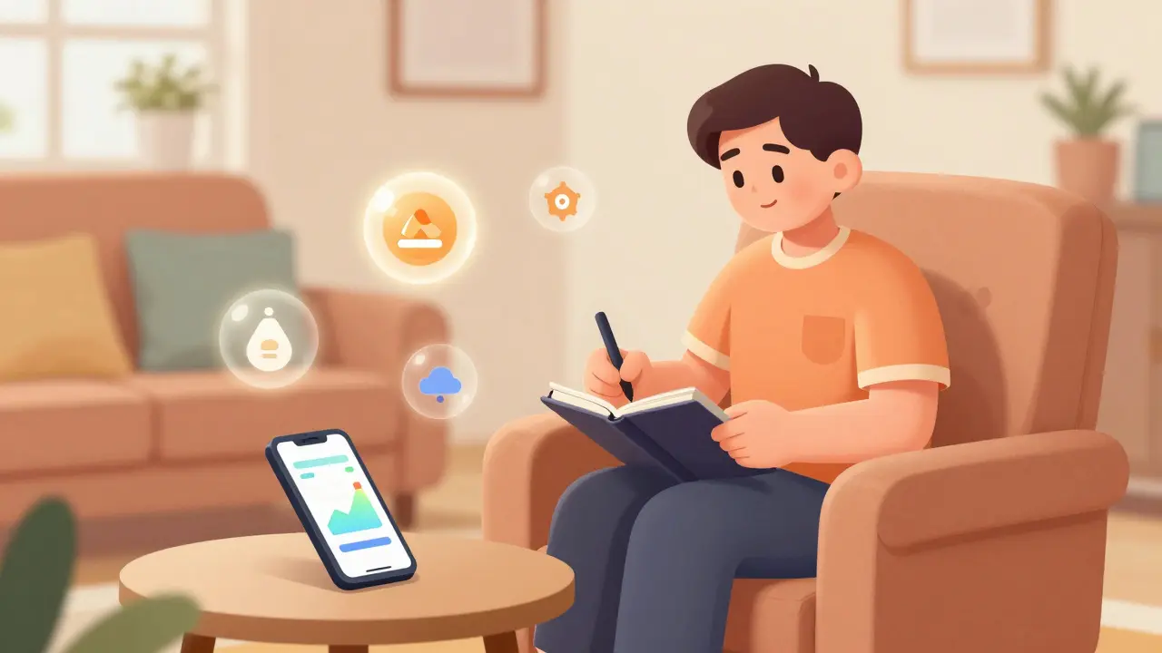 Patient keeping a pain diary at home with futuristic health tech symbols