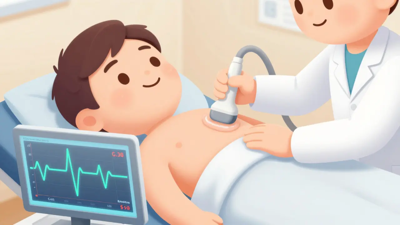 Patient undergoing painless renal ultrasound with Doppler data display.