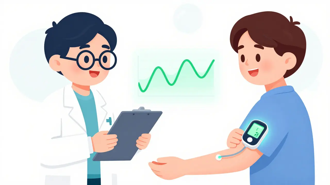 Pharmacist advising patient with glowing CGM sensor showing stable data.