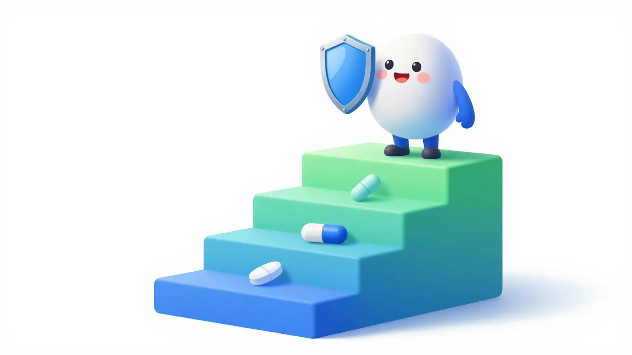 Rounded character climbing a three-step stairway representing pain relief stages