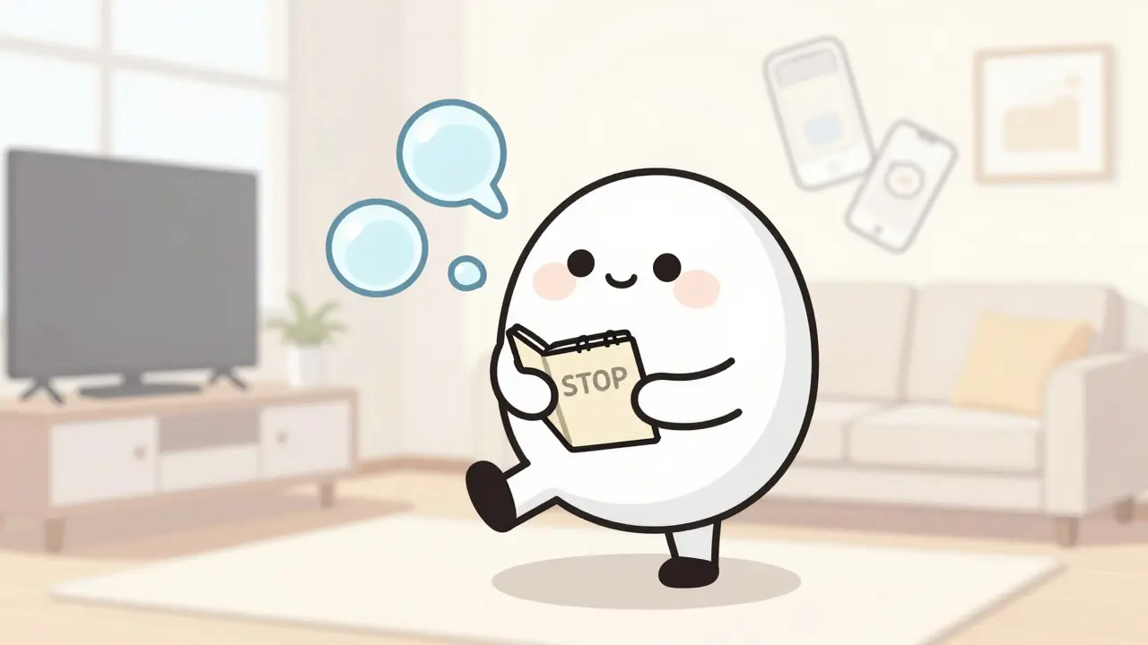 Rounded character pausing to breathe and journal, avoiding distractions.