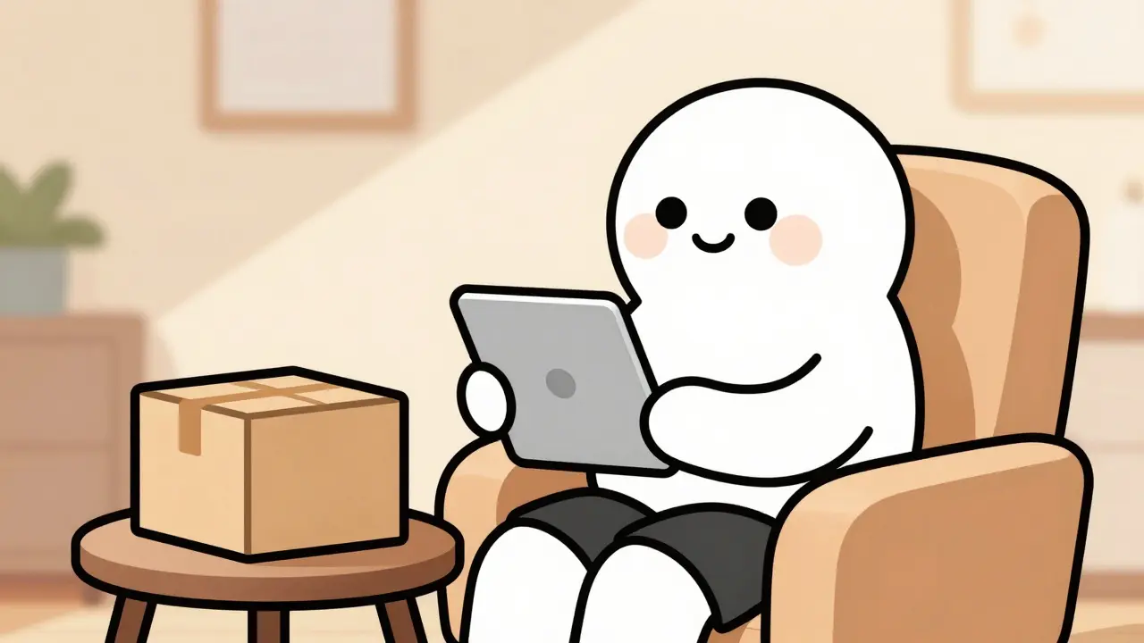 Rounded character using tablet for telehealth with discreet package nearby
