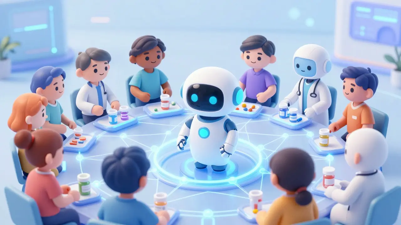 Rounded characters connected by secure digital web with AI medical assistant.
