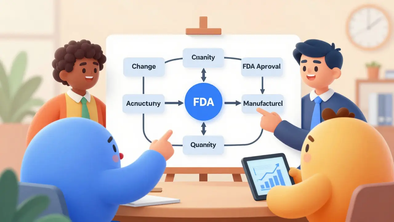 Team collaborating around a regulatory approval flowchart