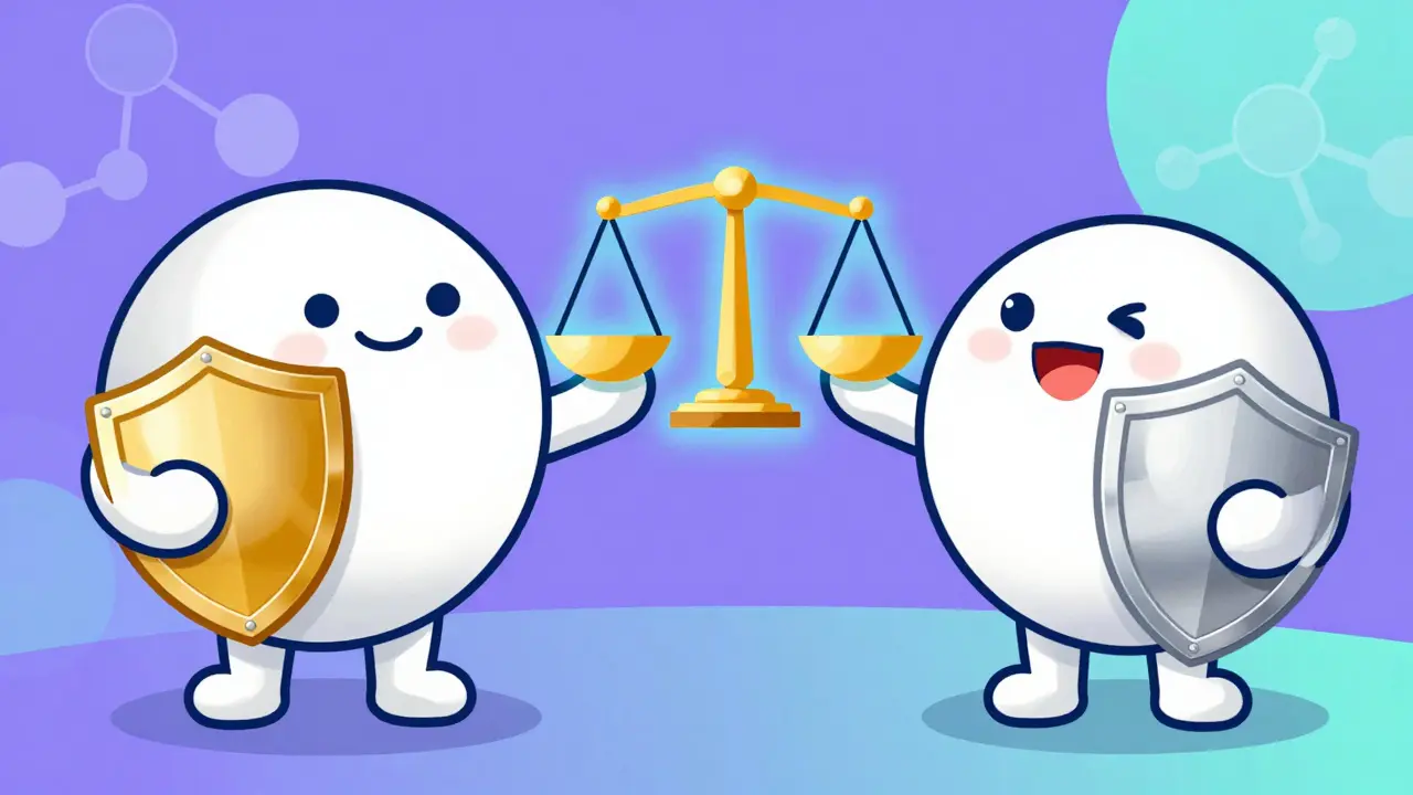 Cartoon characters comparing brand and generic drugs with balanced scales