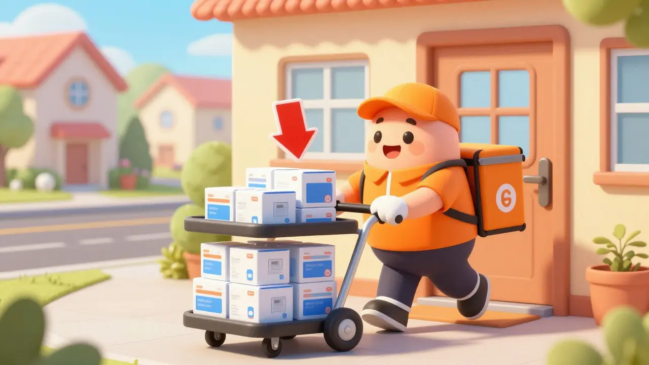 Cheerful rounded cartoon delivery person bringing discounted medicine packages to a home door.