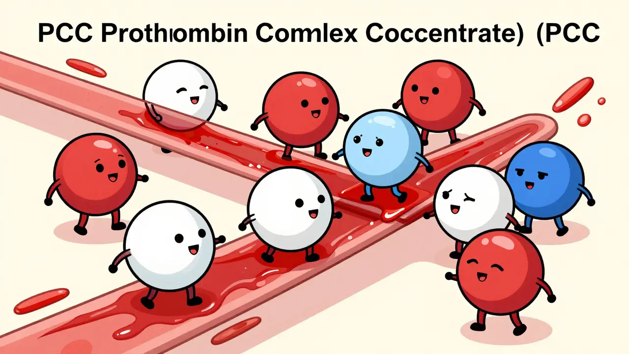 Cute cartoon clotting factors forming a barrier to stop bleeding