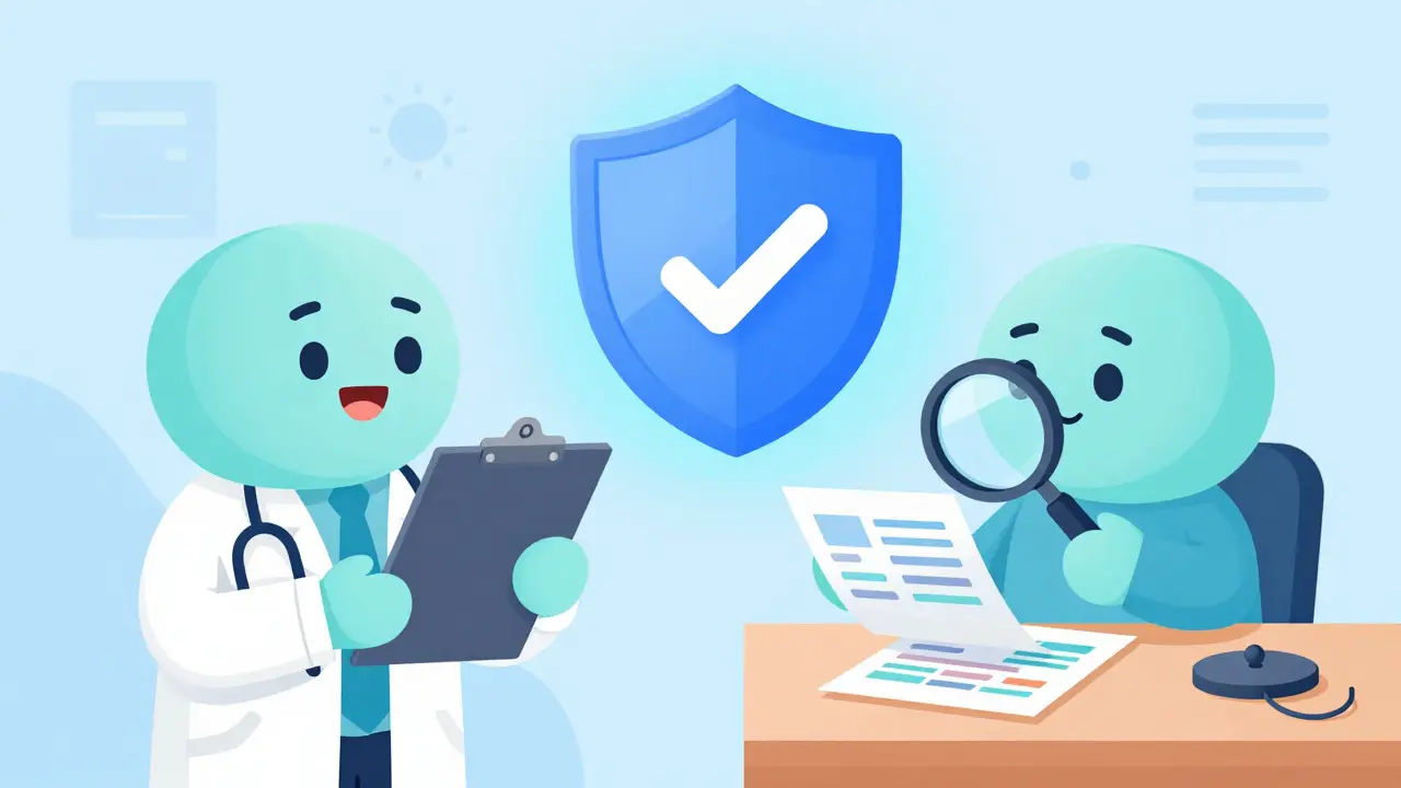 Doctor submitting forms and insurance reviewer checking documents for approval.