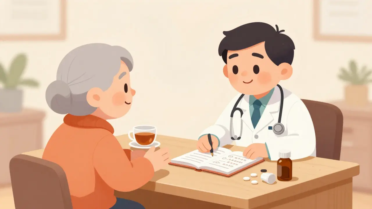 Elderly patient discussing medication goals with doctor