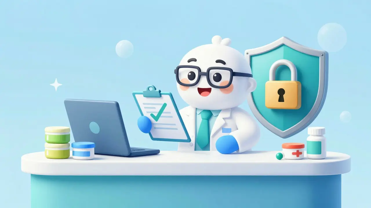 Friendly rounded cartoon pharmacist verifying a prescription with a safety shield icon.