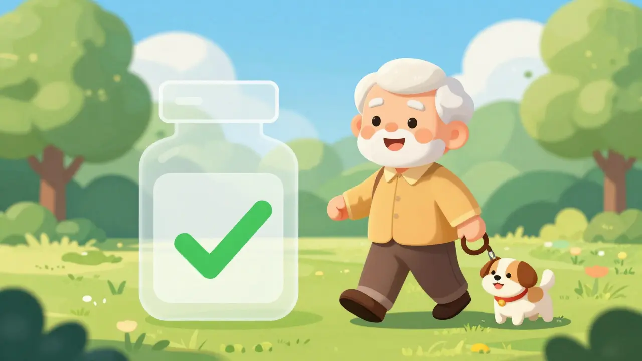 Happy senior walking dog with grandchild after deprescribing