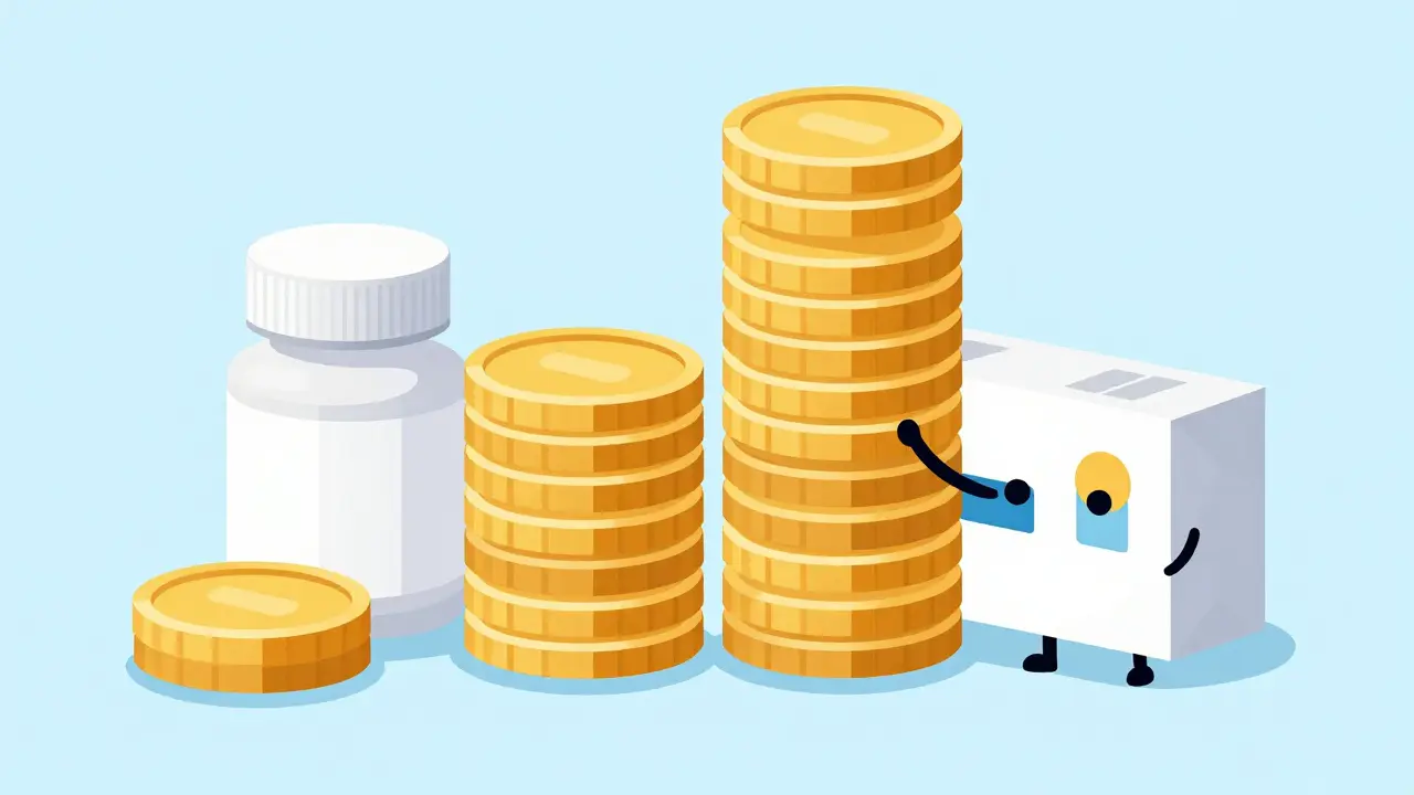 Illustration comparing small pile of coins for generics vs large pile for brands