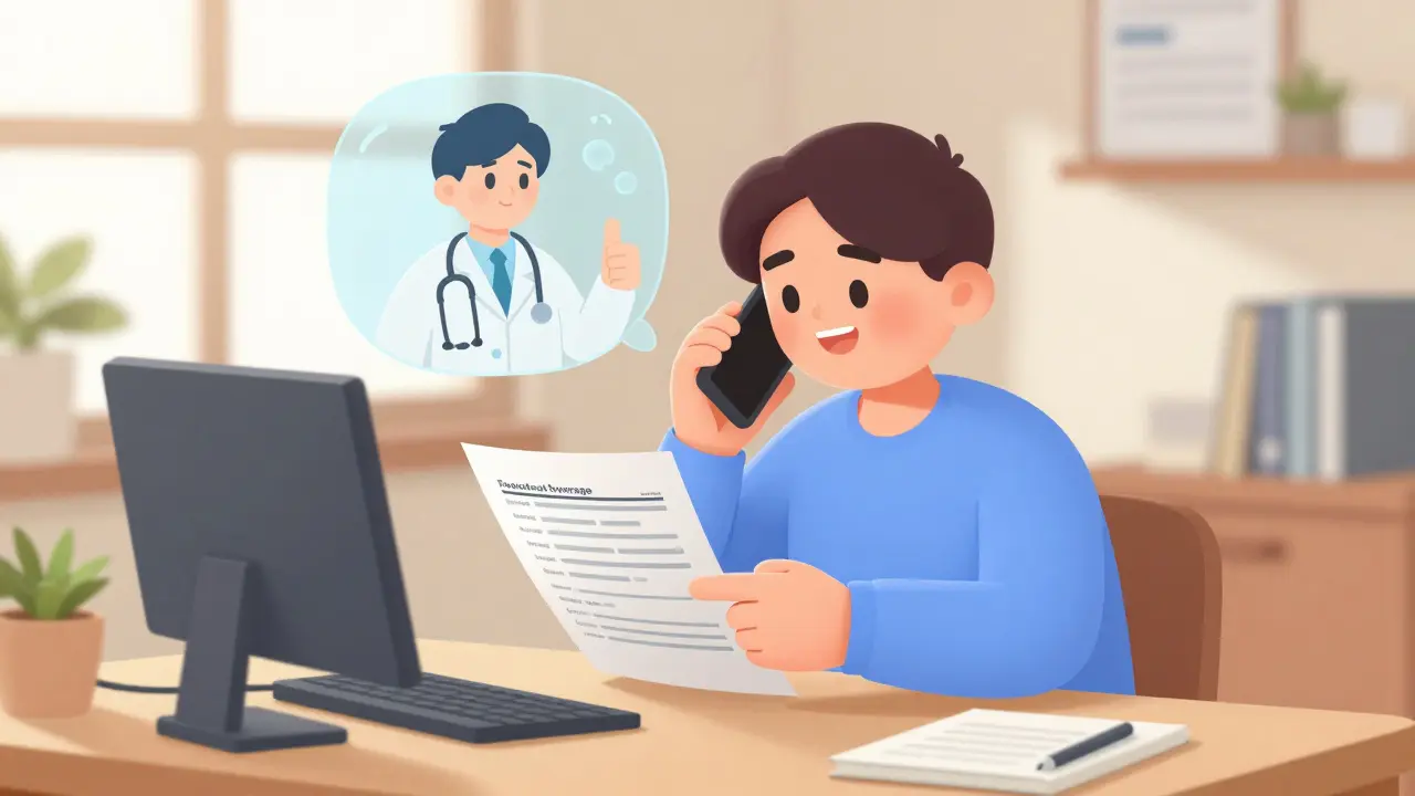 Patient calling insurance company to check drug coverage with doctor's support.